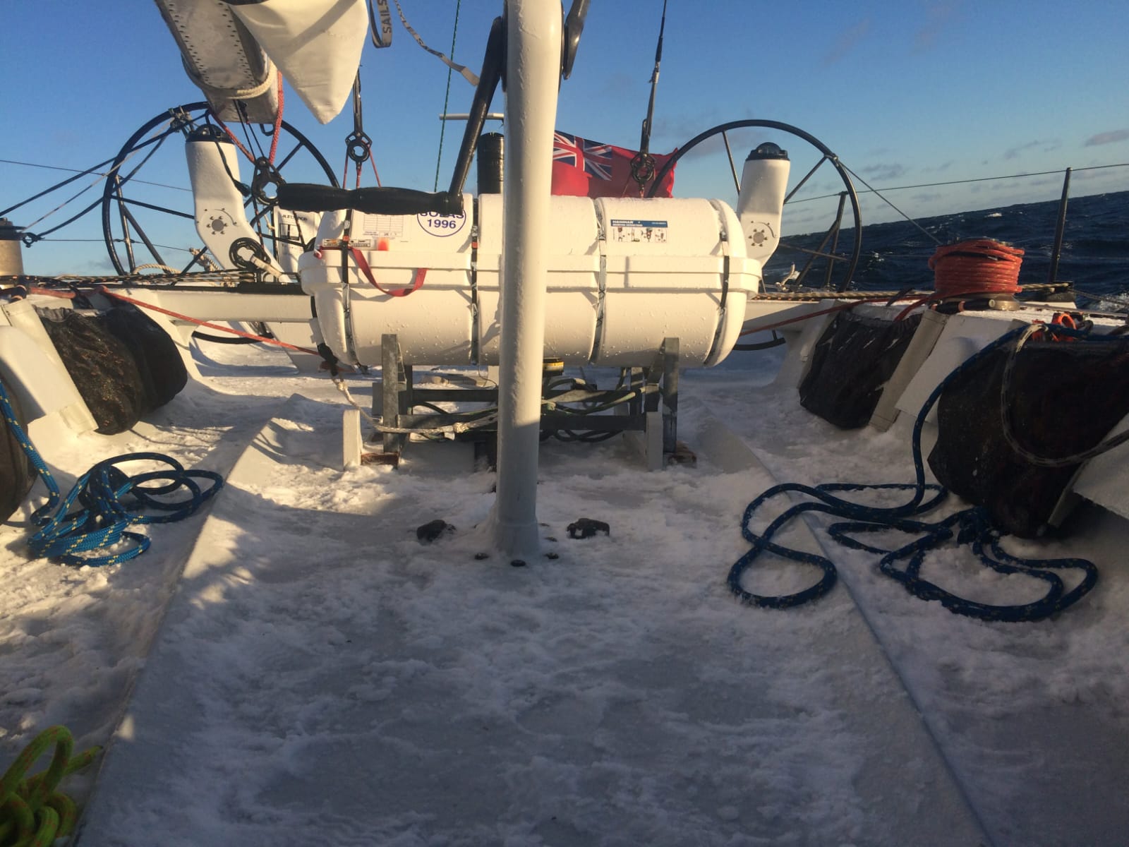 Ice and frost on deck hardware and lines aboard Challenger in Lunenburg