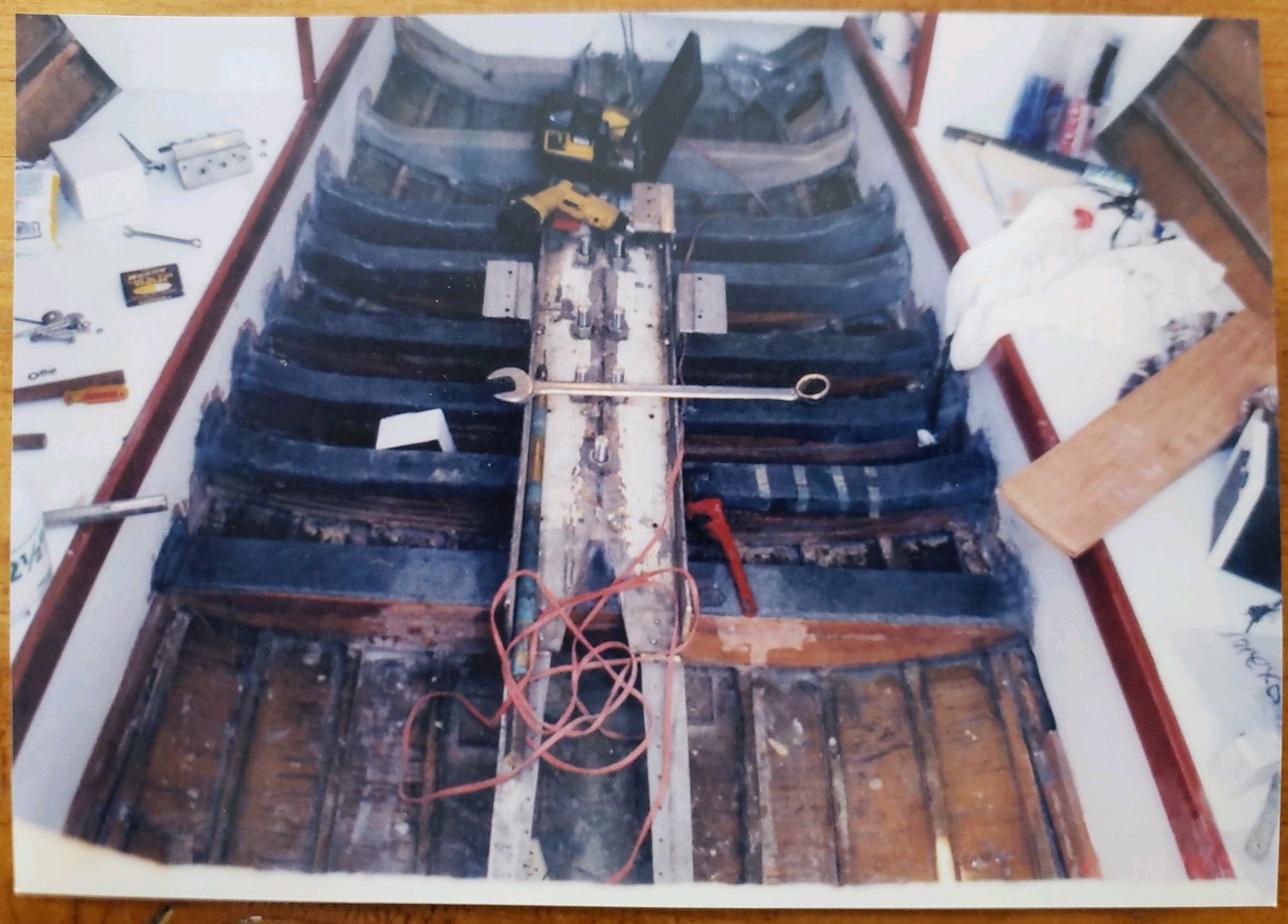 Interior stripped to ring frames and keel bolts during the 1996 restoration