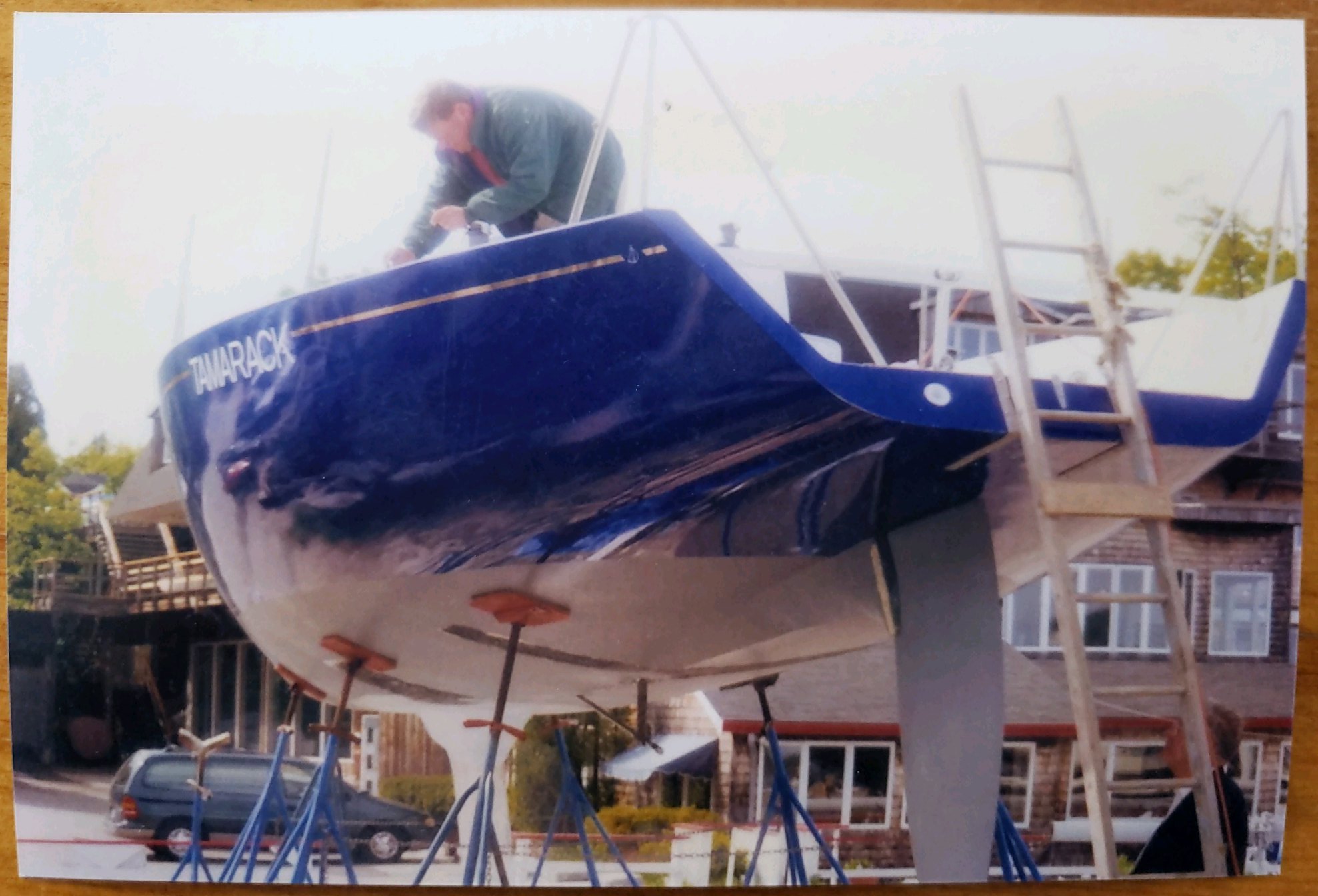 Tamarack (ex-The Red Lion, Farr Design №64) hauled out in Falmouth, Maine, showing the Mumm 36 keel. Two of the four sisters received this same upgrade.