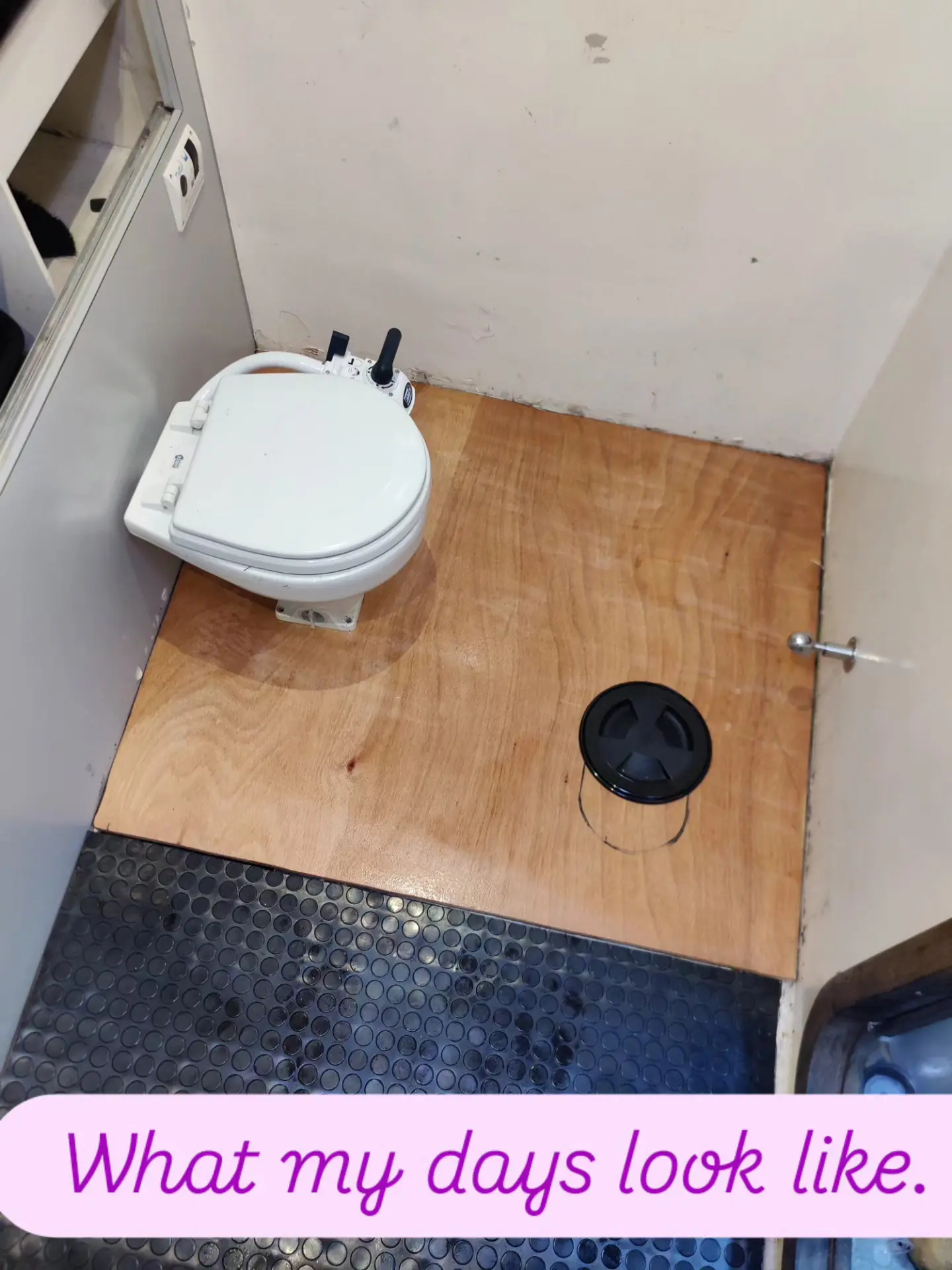 Rebuilt heads — new marine plywood, access hatch, toilet reinstalled