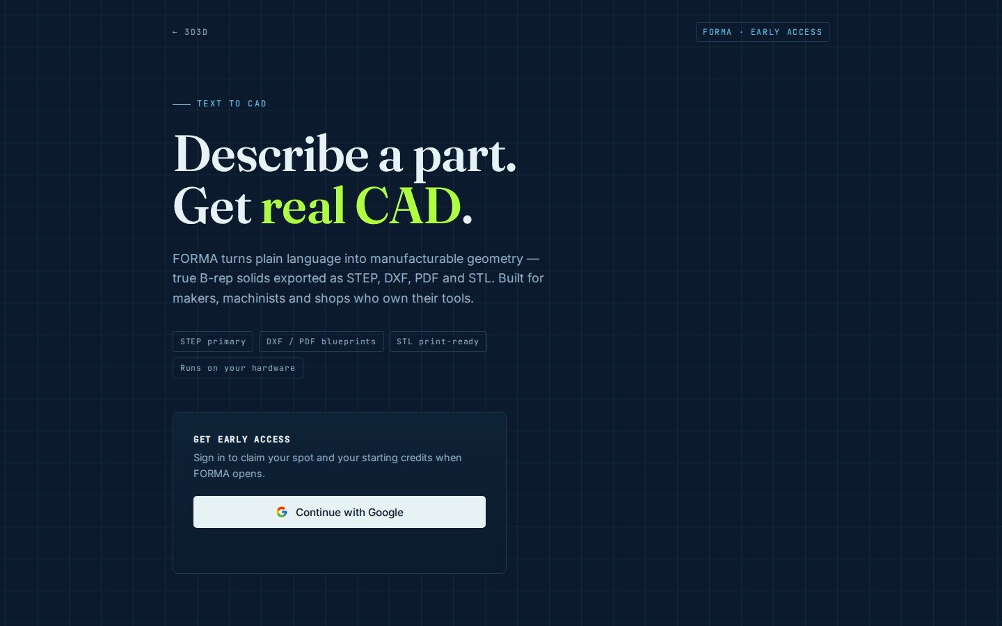 FORMA — text-to-CAD software generating manufacturable step, dxf, and stl parts