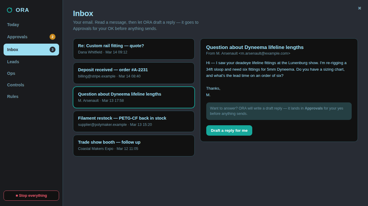 The ORA Inbox tab: incoming email triaged with plain-English drafted replies waiting for approval.