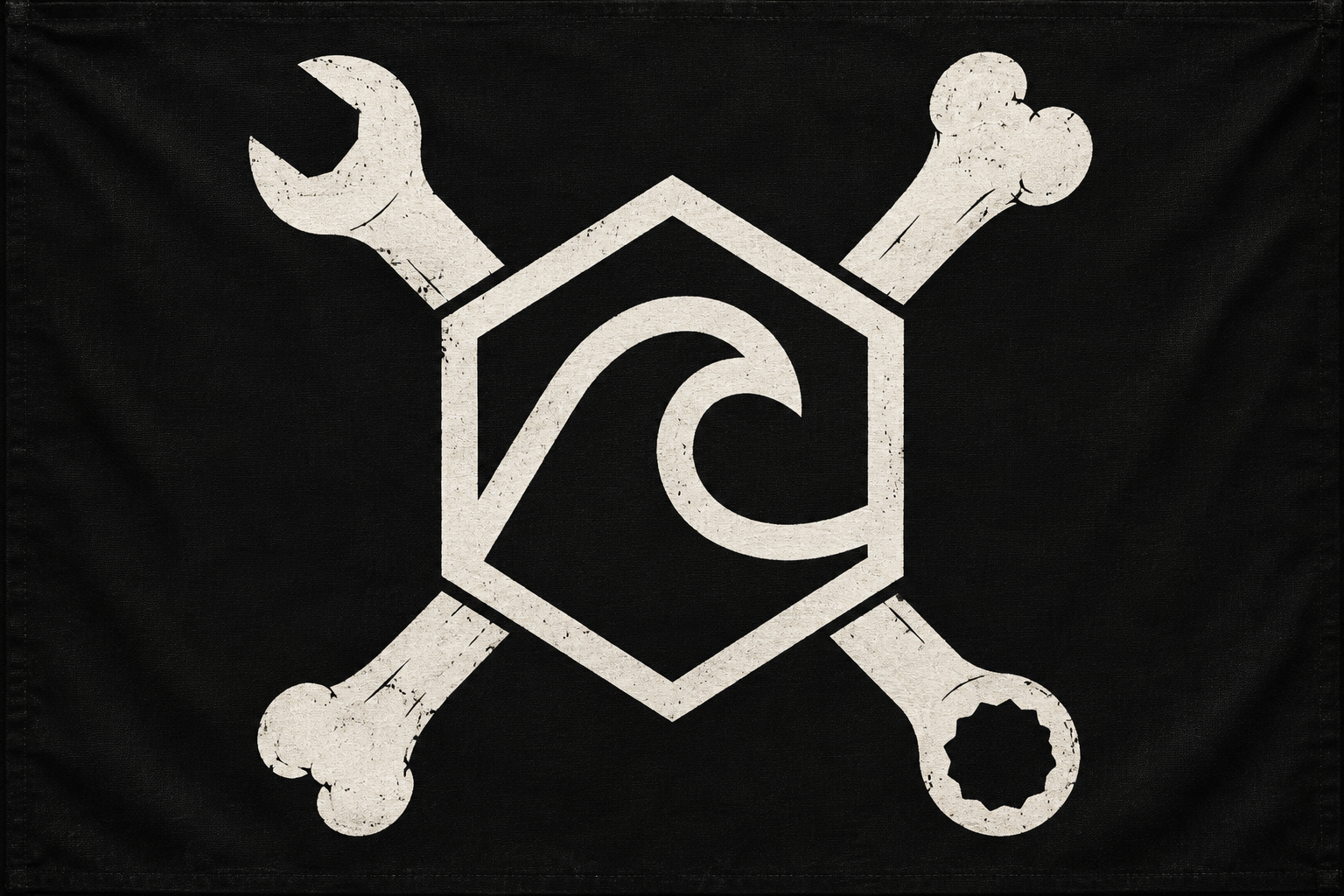 The 3D3D Jolly Roger flag — hex wave logo with crossed wrench and bone